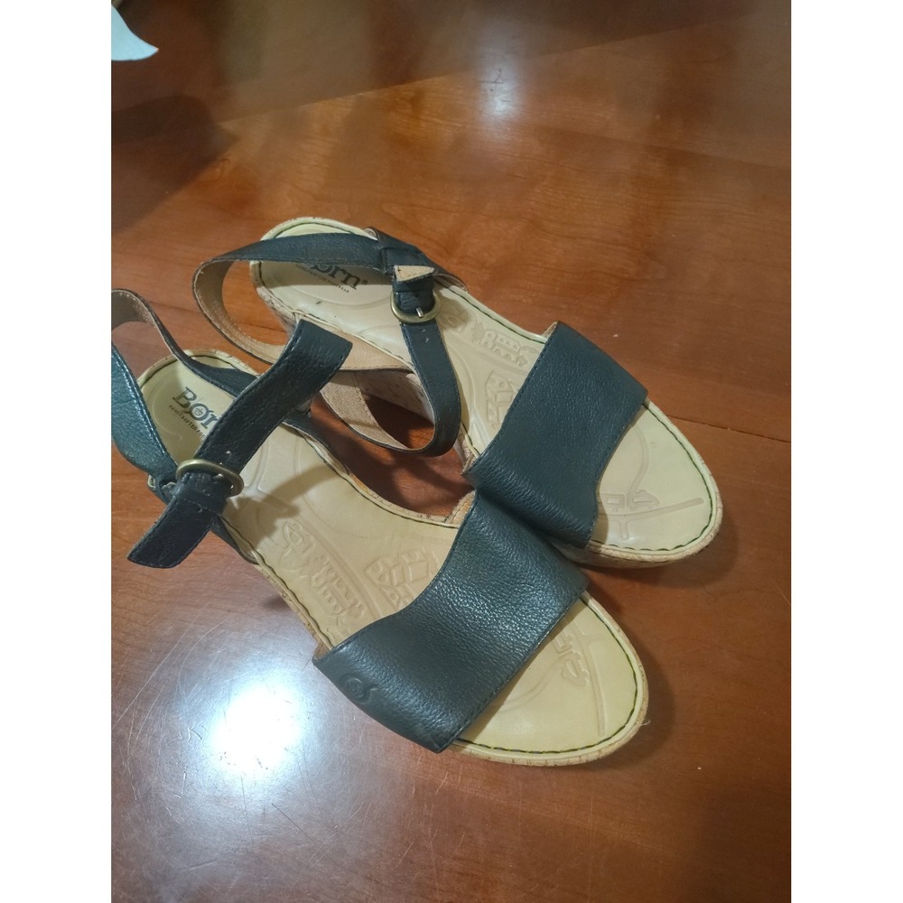 Born Womens Black Leather Cork Wedge Sandals Ankle Strap Buckle Shoes‎ Size 9